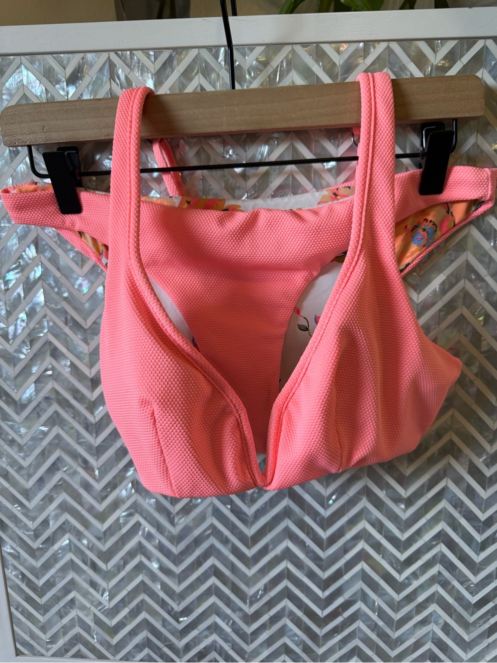 Maaji  Reversible Coral Pink And Floral Textured Bikini (2 Piece set) - Picture 4 of 6